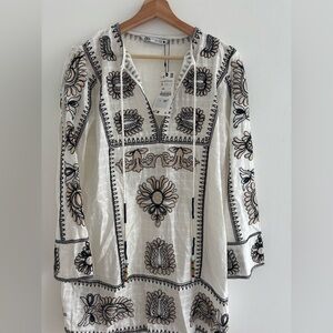 Brand New - Zara Boho Embroidered Textured Cotton Tunic Shift Mini Dress